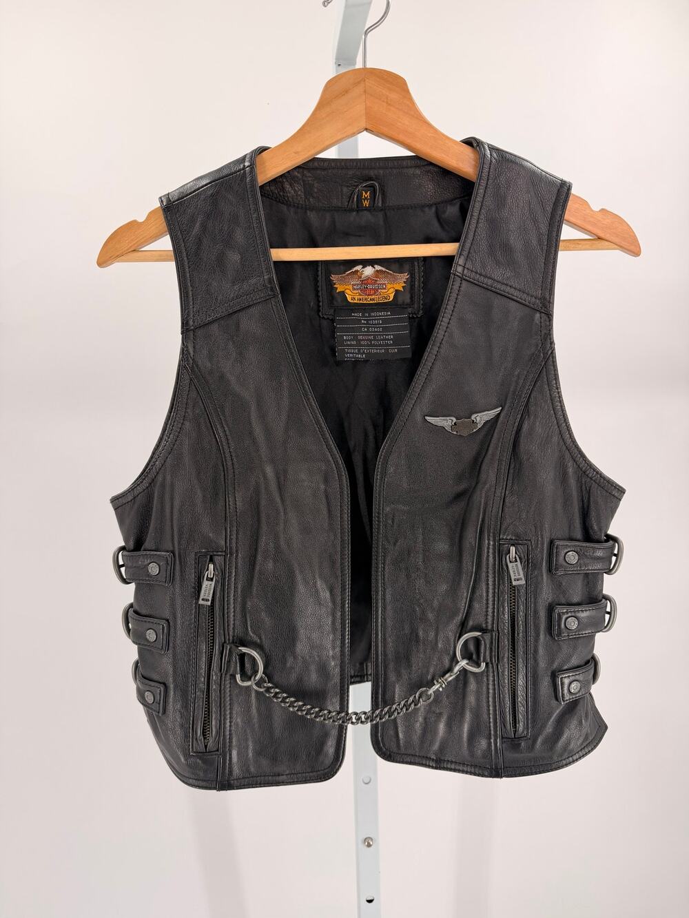Harley Davidson Womens M Genuine Leather Motorcycle Vest Black Chain Biker
